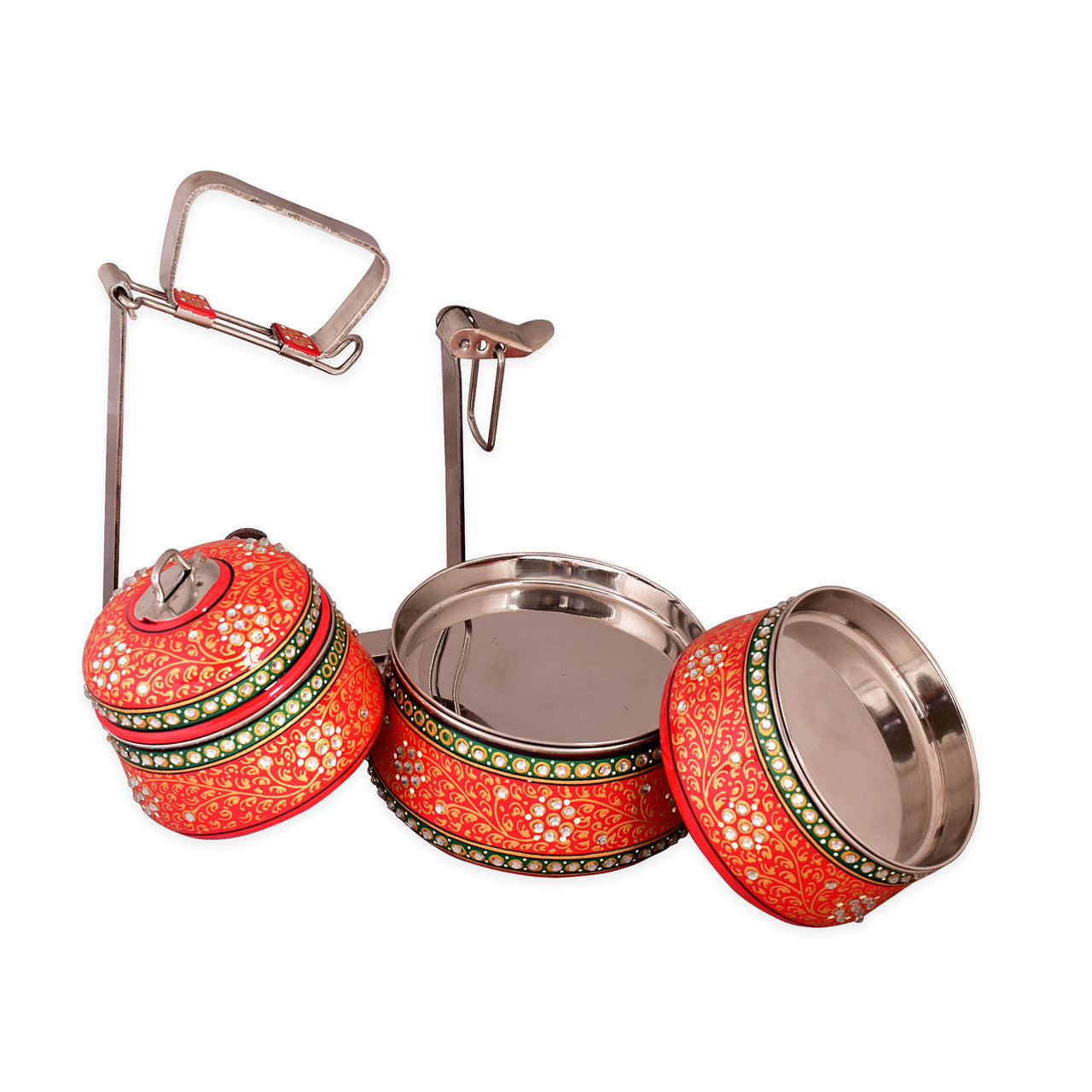 Hand-Painted 3-Tier Stainless Steel Lunch Box – red Design Eco-Friendly tiffin box 3 tier